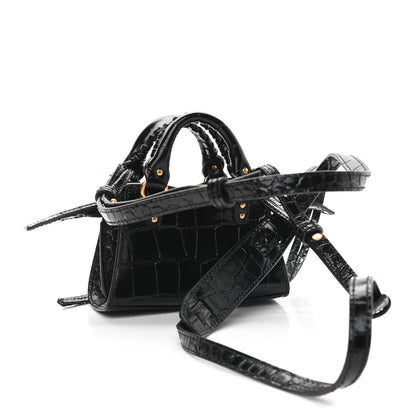 Balenciaga Shiny Supple Calfskin Crocodile Embossed Neo Classic Gold Hardware Super Nano City Crossbody Black 3 of 8