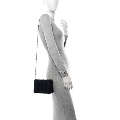 Chanel Tweed Shearling Quilted Chanel Wallet On Chain WOC Navy Black 2 of 16