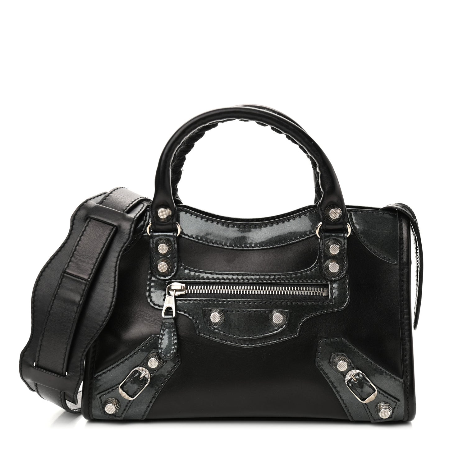 Smooth Calfskin Metallic Patent Giant 12 Silver Hardware Mini City Black Gris
