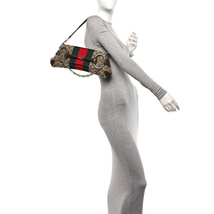 Gucci Monogram Textured Dollar Calfskin Heavy Grosgrain Web Medium Maxi Horsebit Chain Shoulder Bag Beige Ebony New Acero 2 of 9