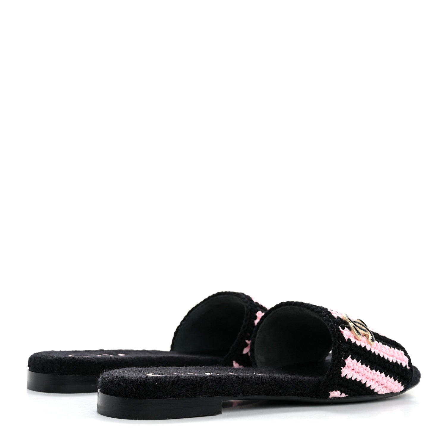Chanel Crochet Striped Enamel Camellia Mules Sandals 36.5 Pink Black 5 of 10