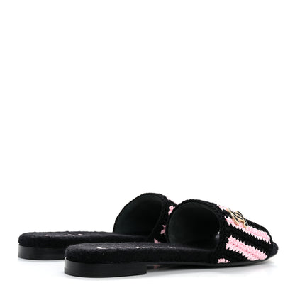 Chanel Crochet Striped Enamel Camellia Mules Sandals 36.5 Pink Black 5 of 10