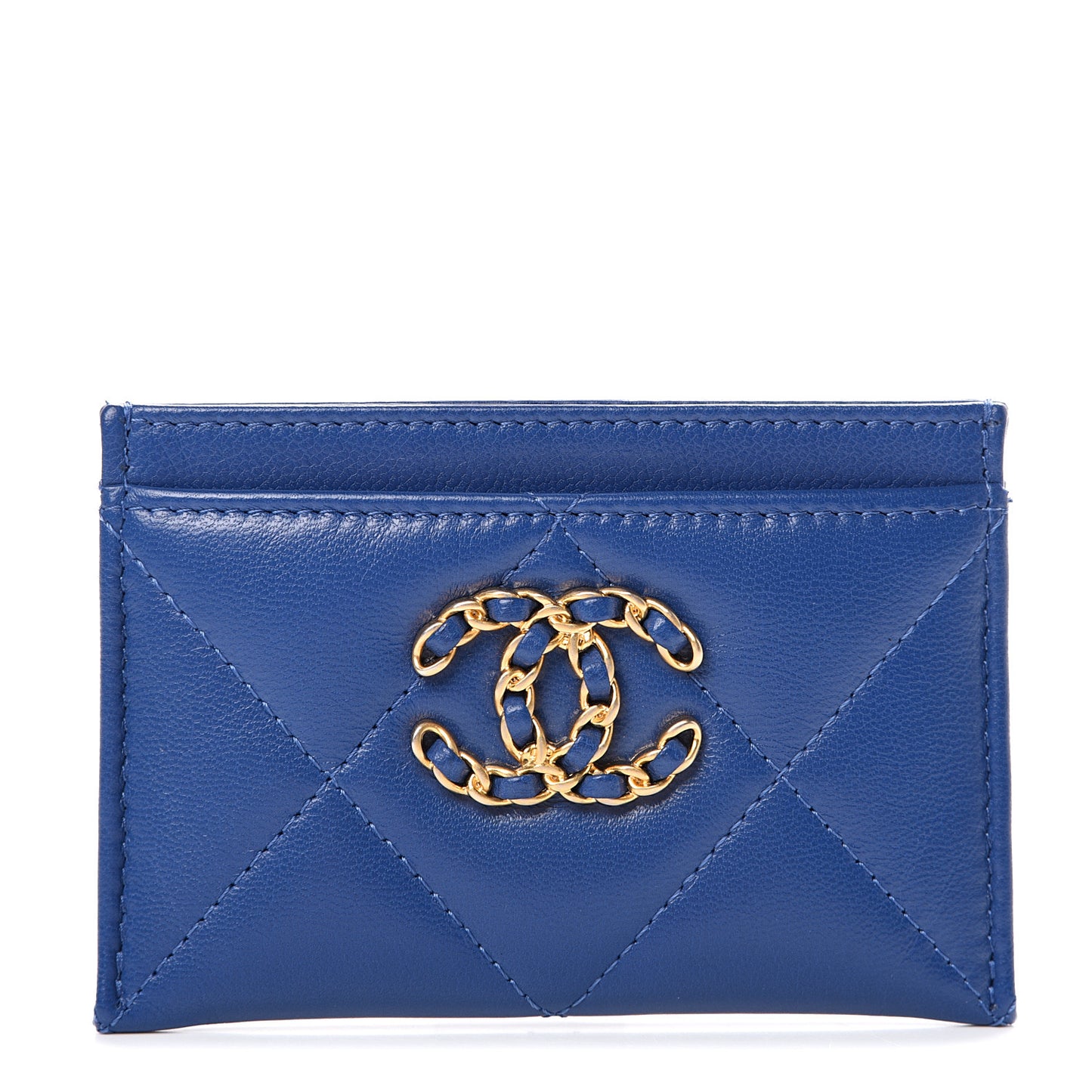 Shiny Goatskin Quilted Chanel 19 Card Holder Dark Blue