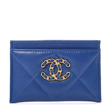 Chanel Shiny Goatskin Quilted Chanel 19 Card Holder Dark Blue 1 of 8