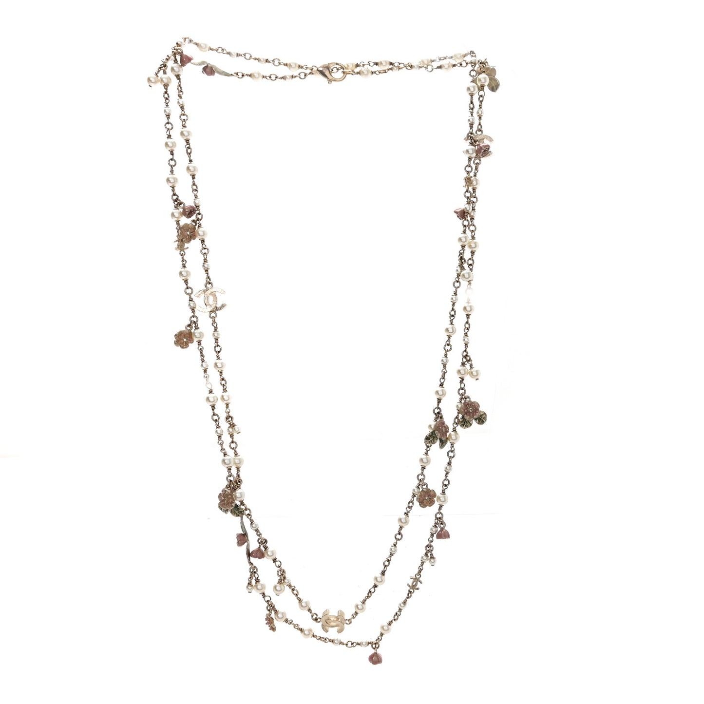 Pearl Enamel CC Camellia Long Necklace Gold Beige Pink