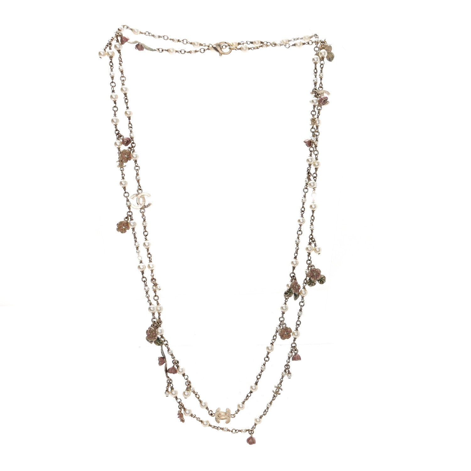 Chanel Pearl Enamel CC Camellia Long Necklace Gold Beige Pink 3 of 4