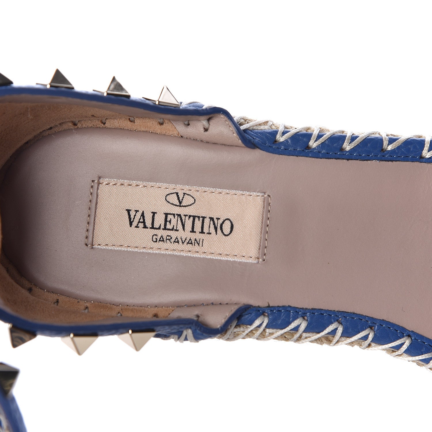 Valentino Garavani Grained Calfskin Rockstud Ankle Strap Espadrille 15/105mm Wedge Sandals 38 Baltique Natural 8 of 9