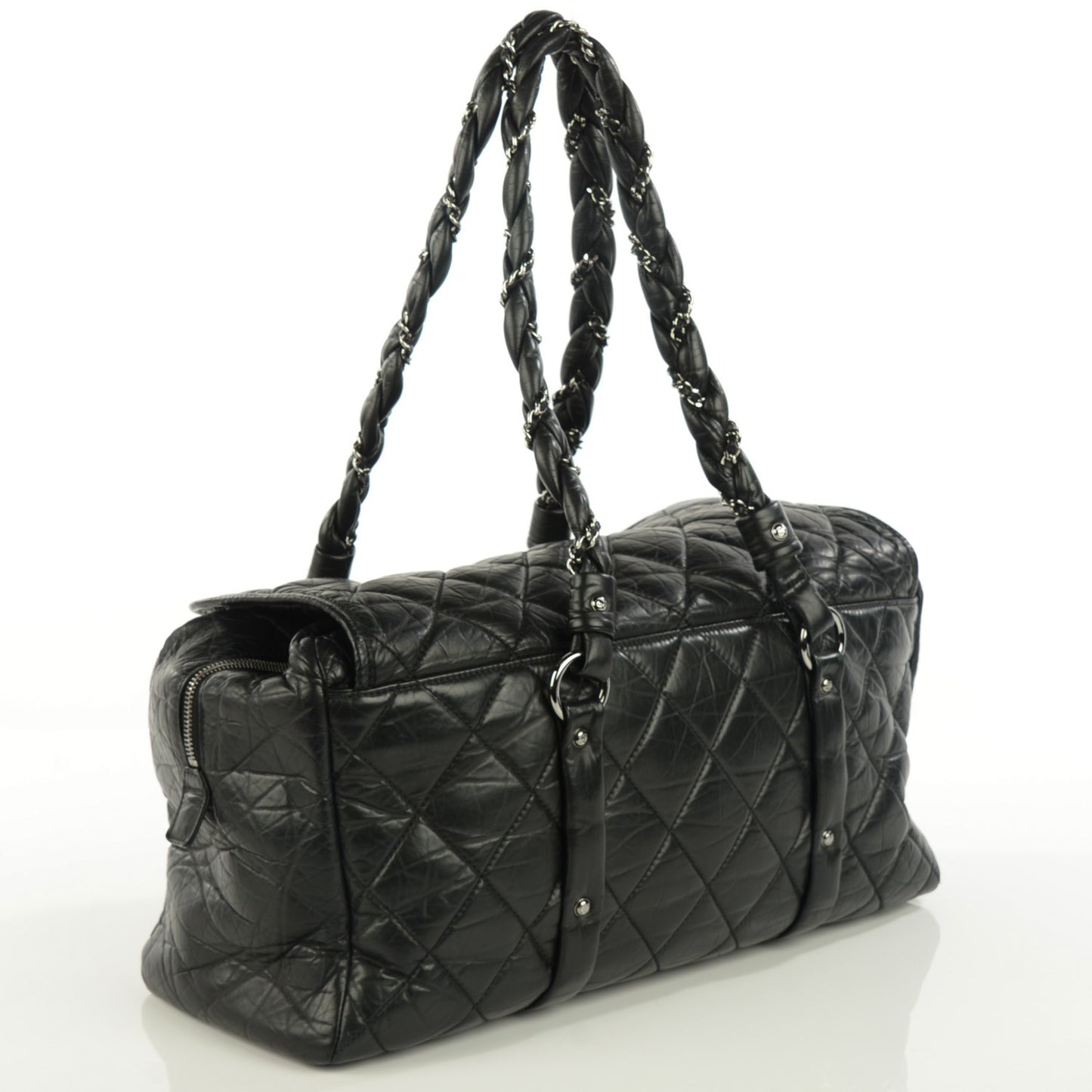 Distressed Lambskin Quilted Lady Braid Flap Tote Black
