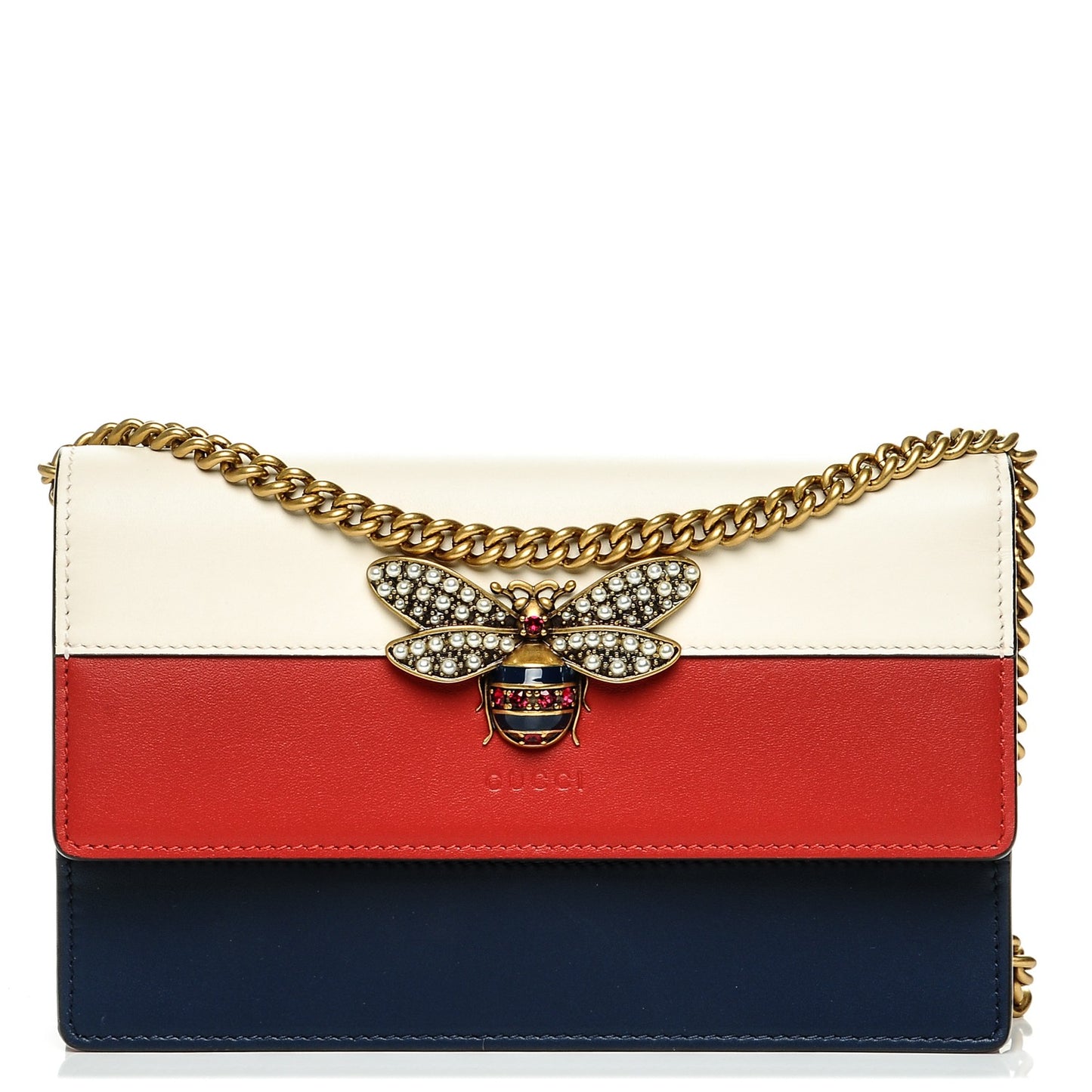 Calfskin Queen Margaret Chain Wallet Blue Agata Hibiscus Red Mystic White