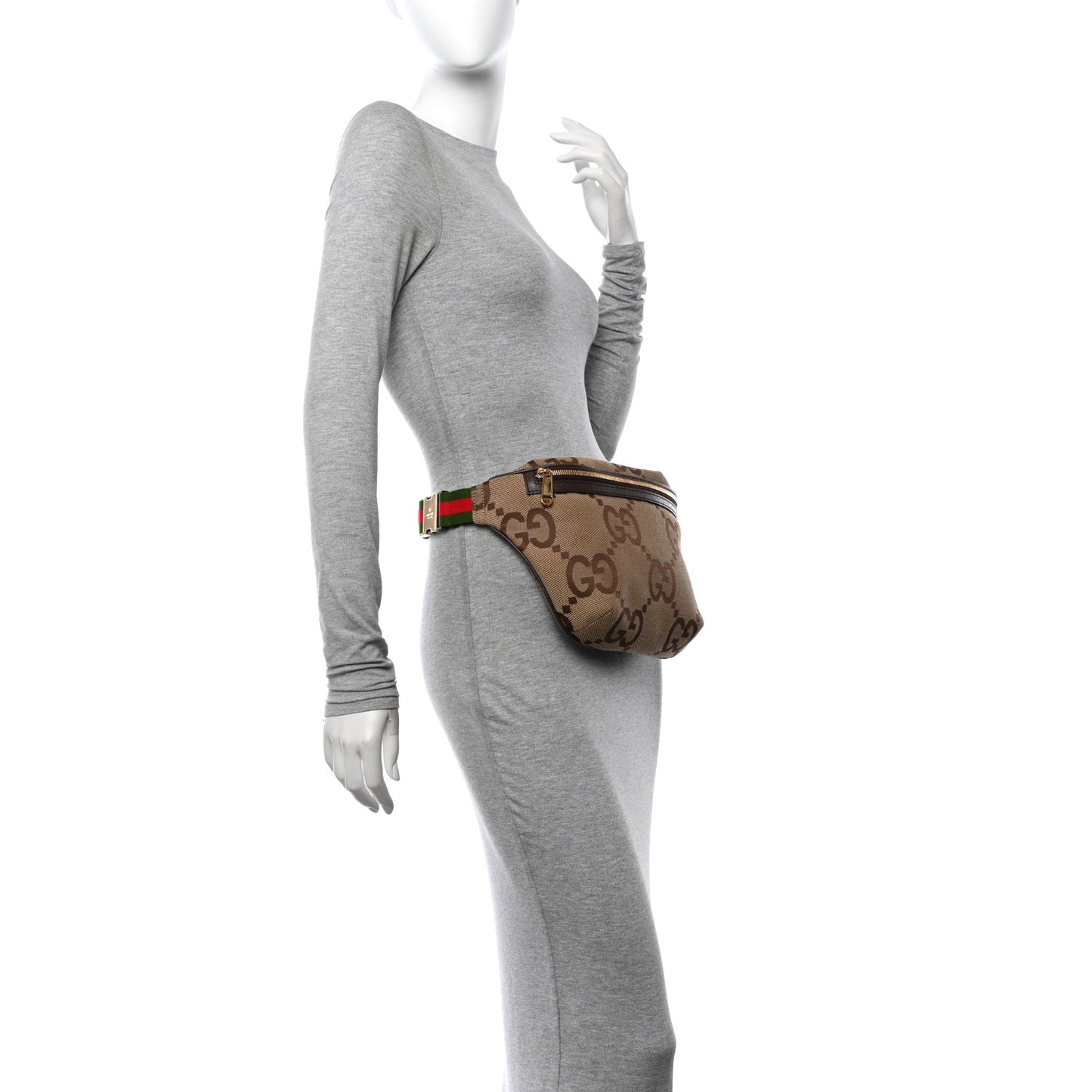 Monogram Jumbo GG Textured Dollar Calfskin Web Belt Bag Camel Ebony New Acero