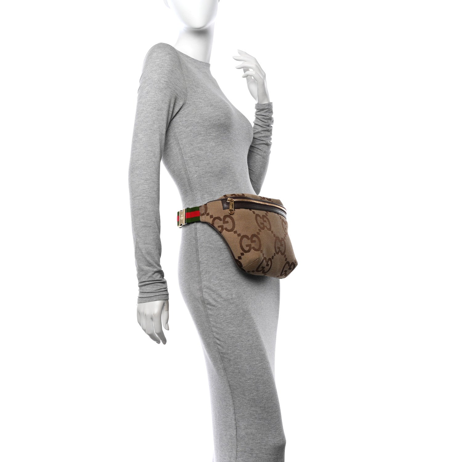 Gucci Monogram Jumbo GG Textured Dollar Calfskin Web Belt Bag Camel Ebony New Acero 2 of 12