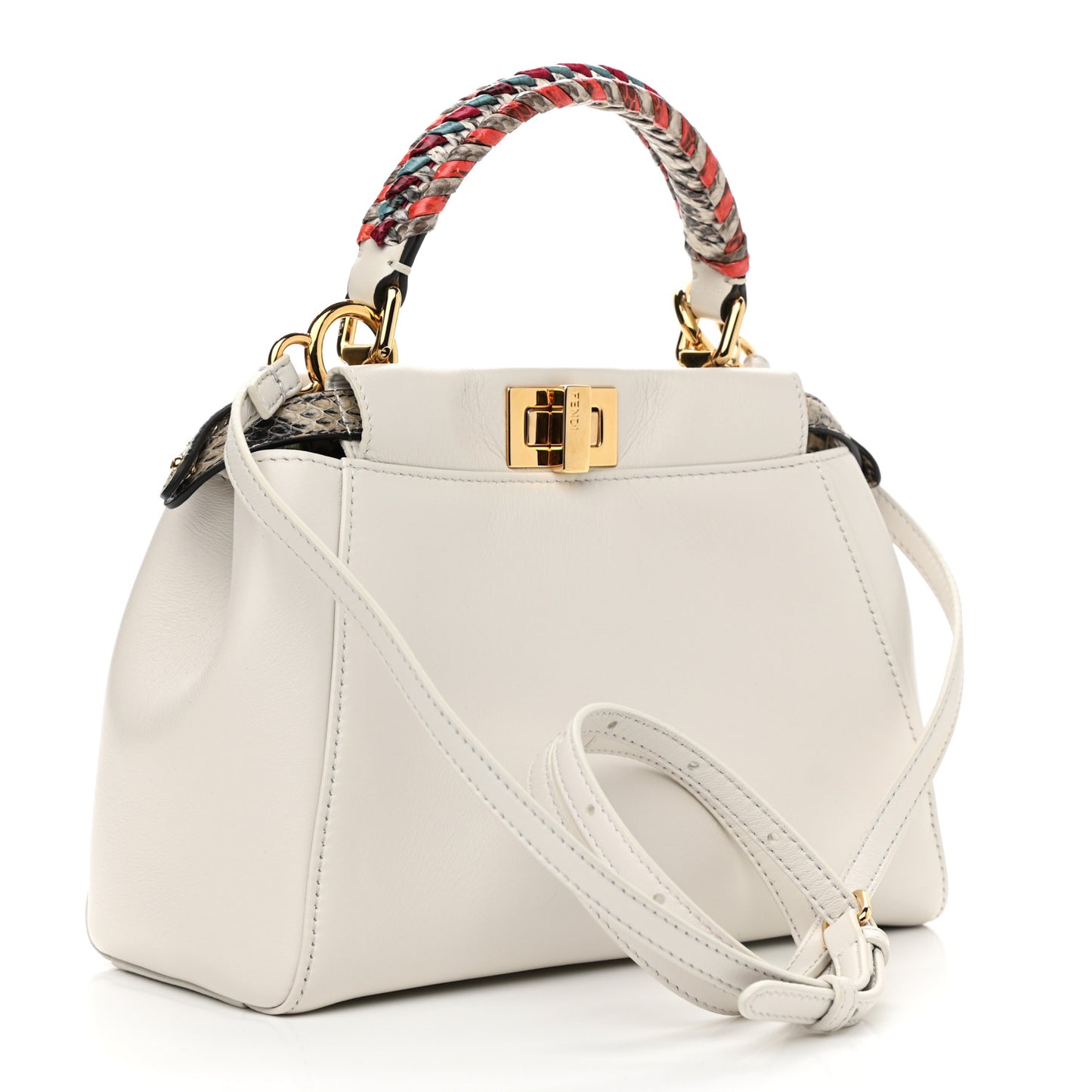 Nappa Elaphe Woven Handle Mini Peekaboo Iconic Satchel White Grigio Polvere