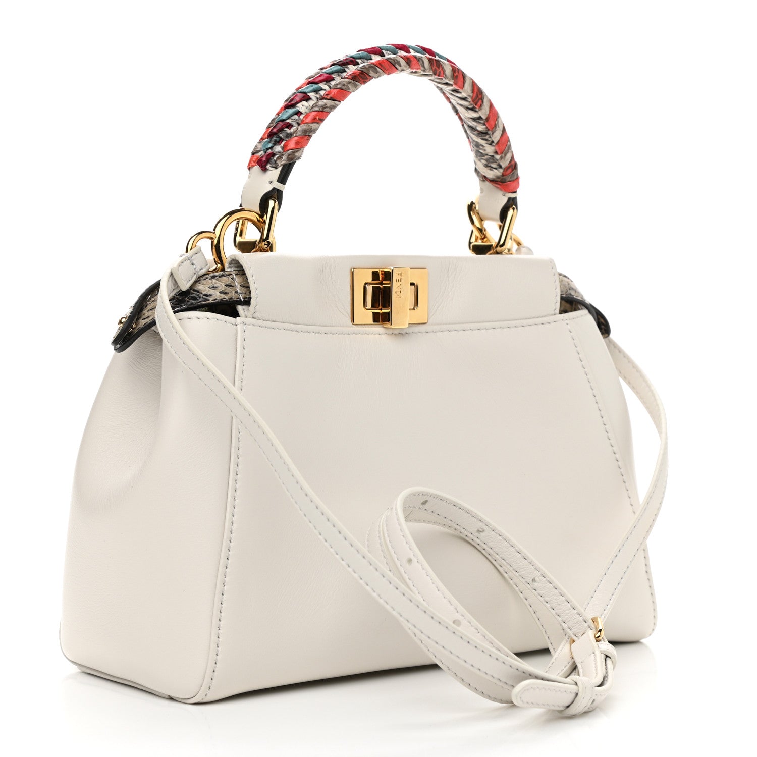 Fendi Nappa Elaphe Woven Handle Mini Peekaboo Iconic Satchel White Grigio Polvere 3 of 11