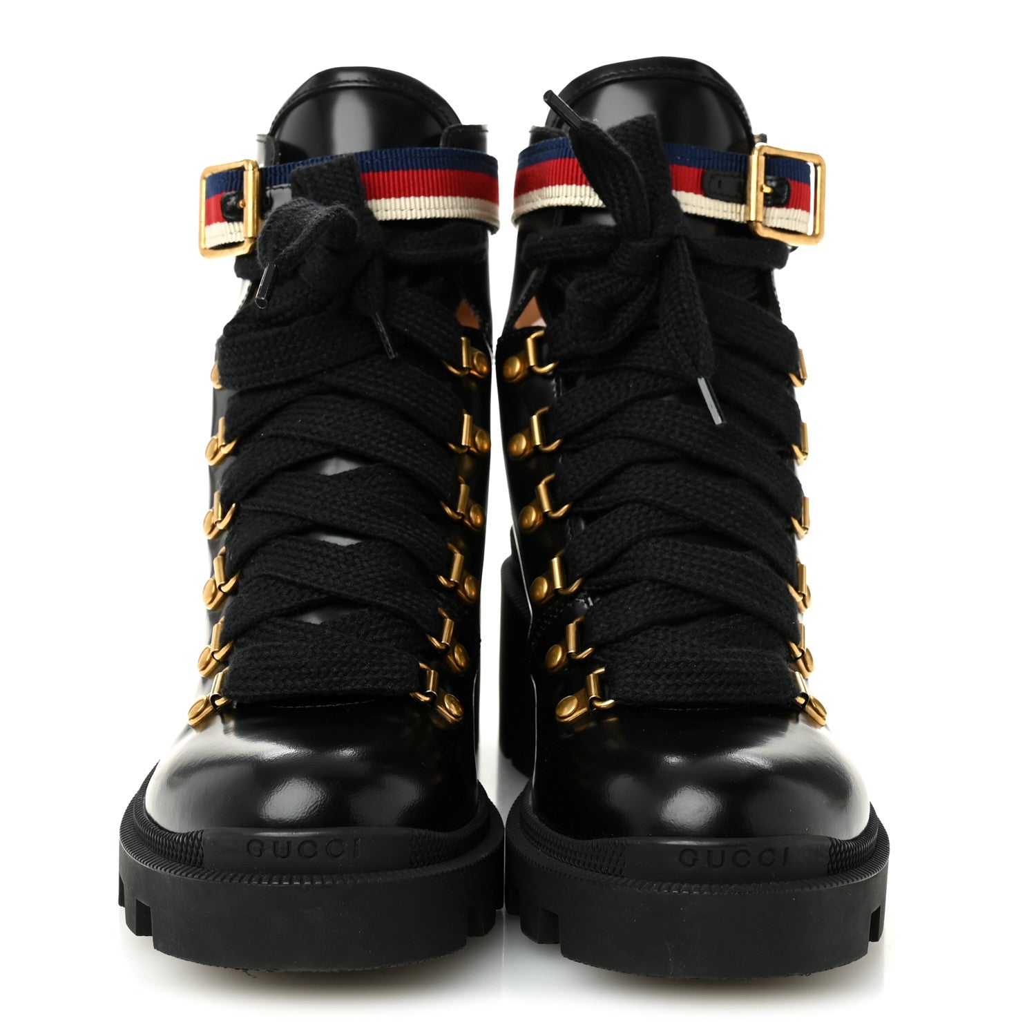Gucci Calfskin Sylvie Web Womens Lace Up Combat Boots 37.5 Black 2 of 8