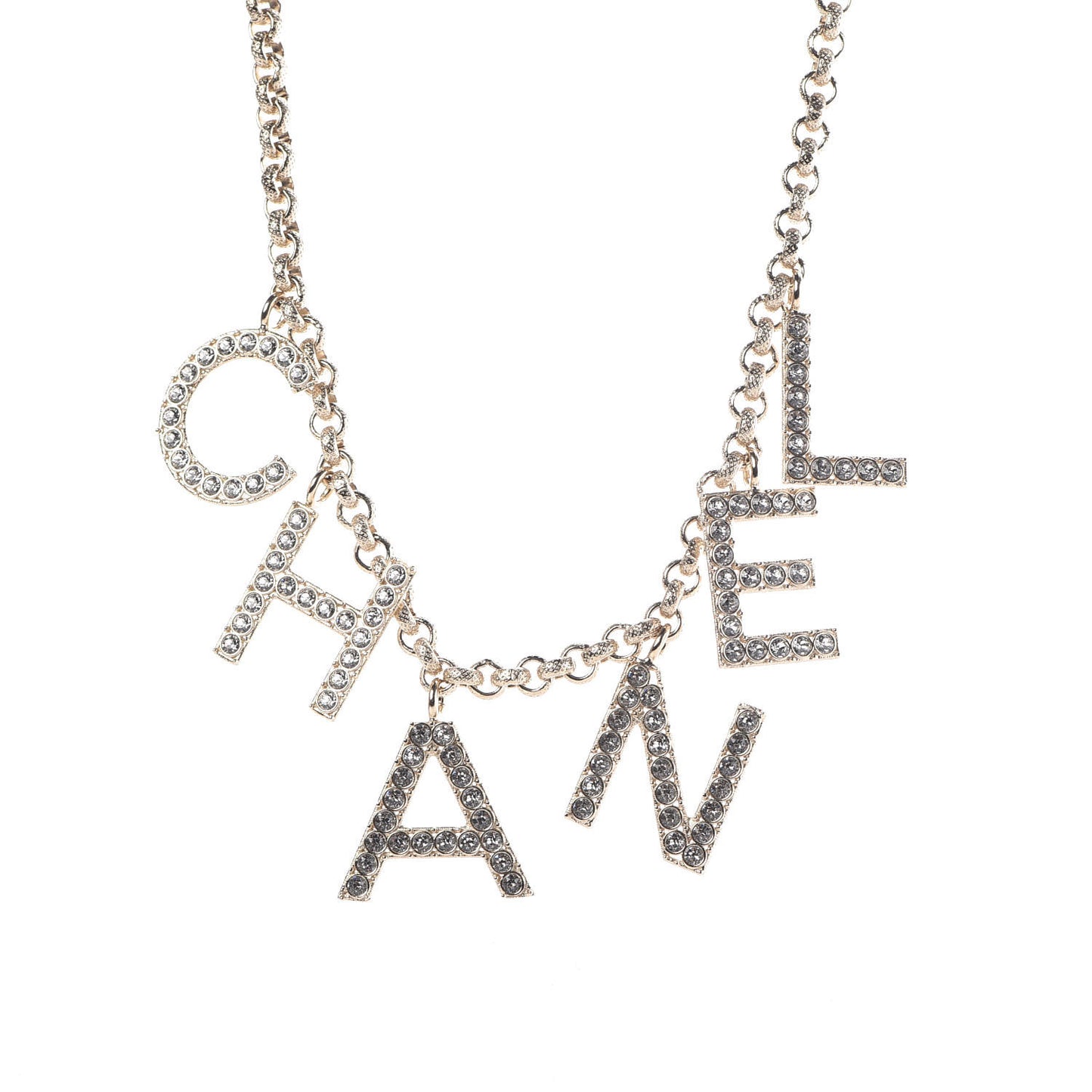 Metal Crystal Cha-Nel Logo Necklace Gold