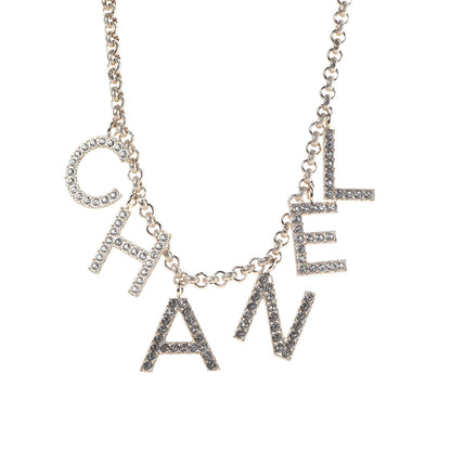 Chanel Metal Crystal Cha-Nel Logo Necklace Gold 4 of 7
