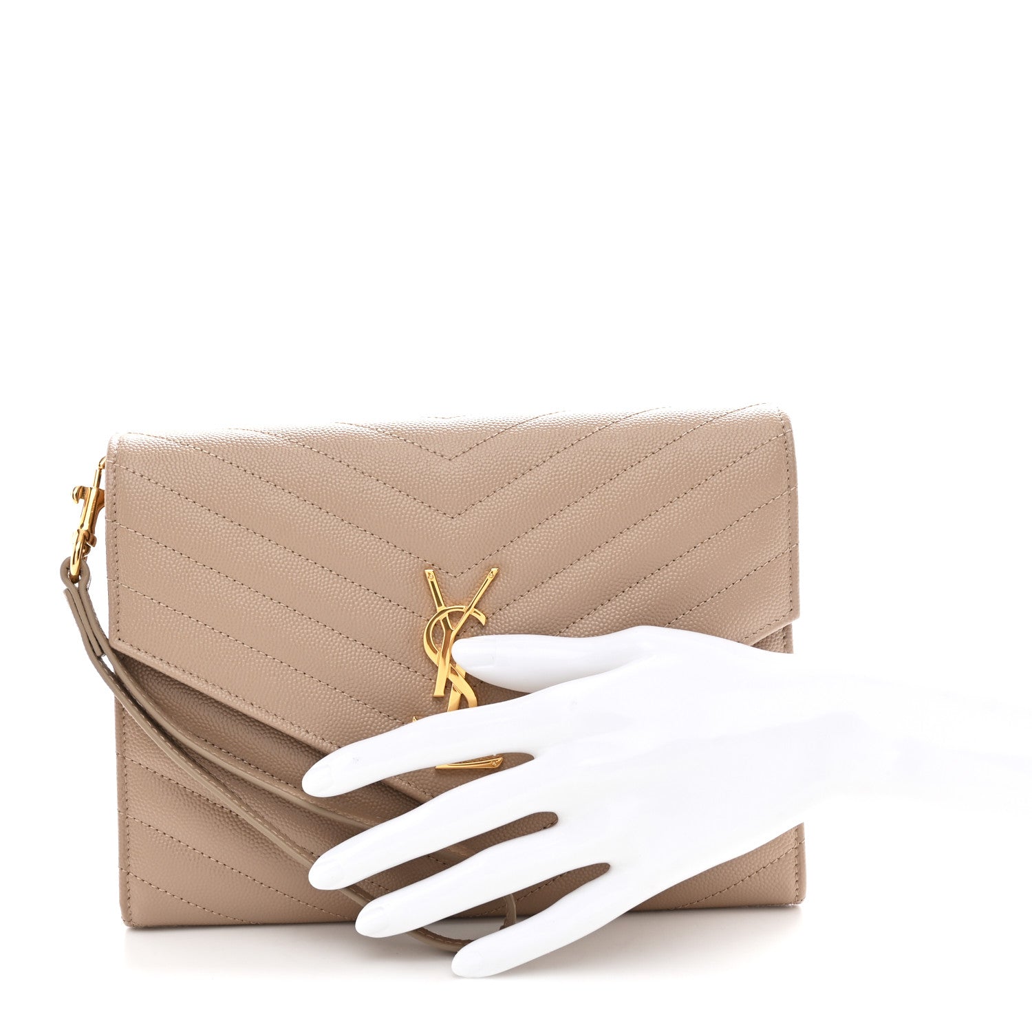 Saint Laurent Grain De Poudre Matelasse Chevron Monogram Envelope Clutch Dark Beige 2 of 7