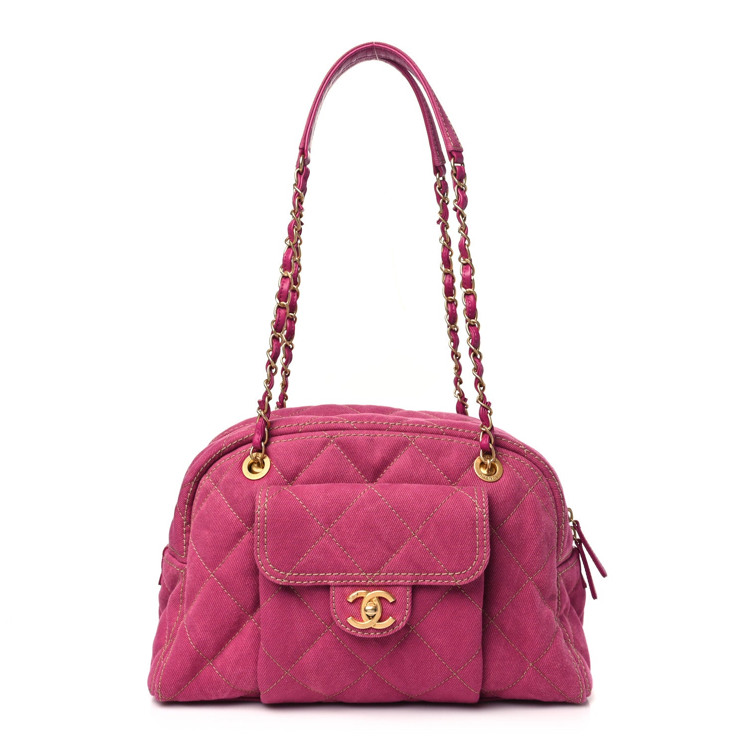 シャネル　グリポワリング　USED M70918-11 Chanel Washed Denim Quilted Bowling Bag Fuchsia 1639822 – FASHIONPHILE