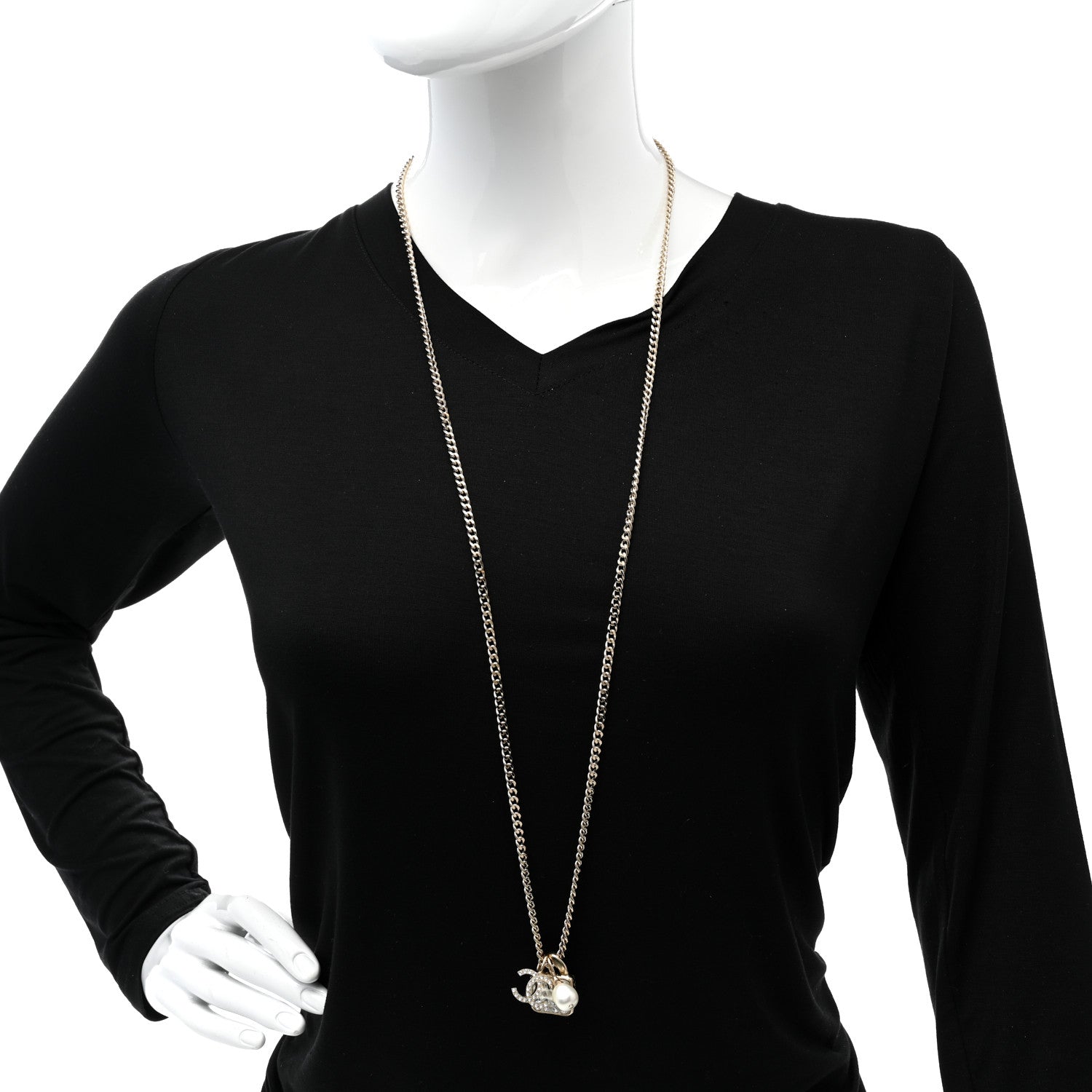 Chanel Crystal Pearl Resin CC Drop Multi Strand Chain Necklace Gold Pearly White 2 of 6