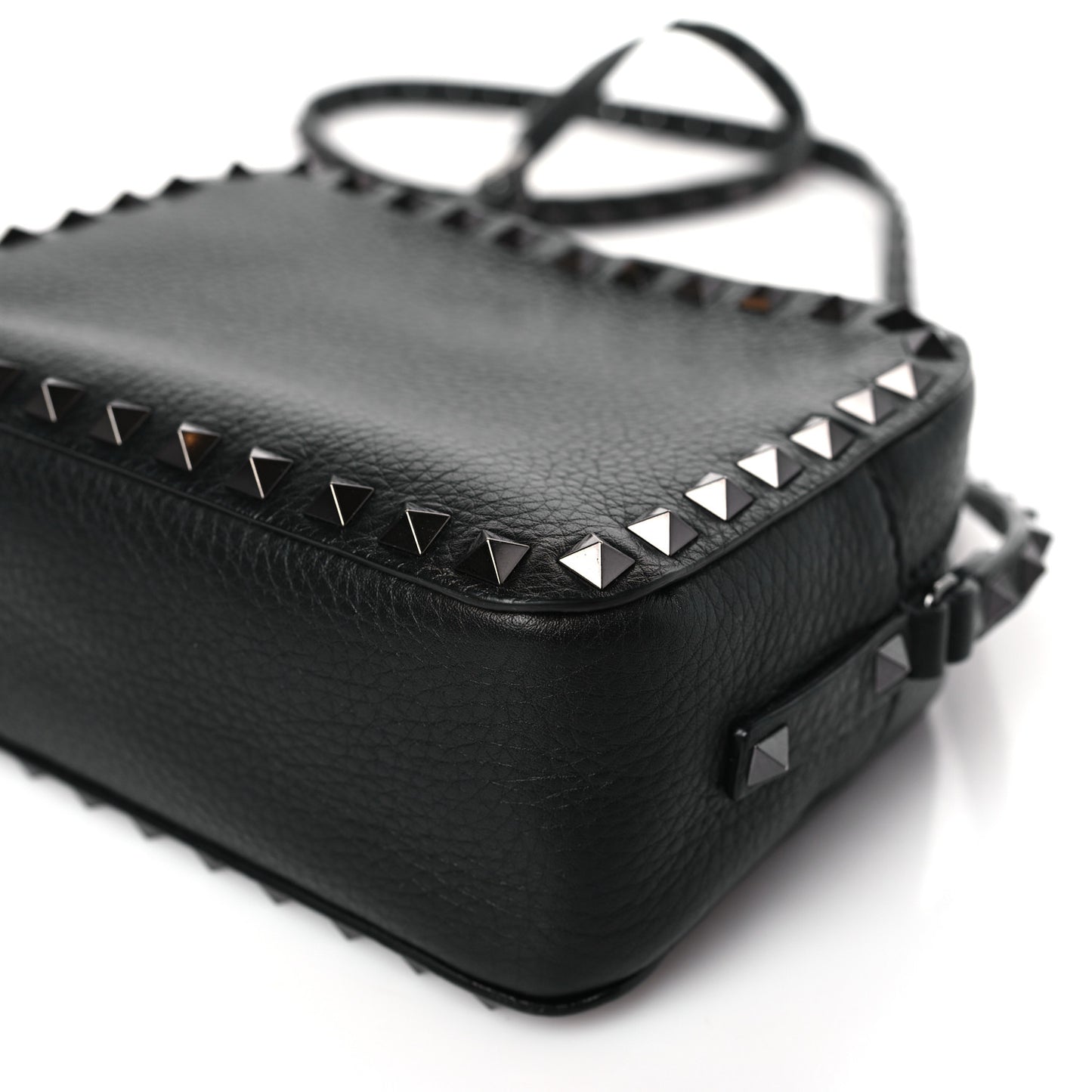 Pebbled Calfskin Rockstud Camera Crossbody Bag Black