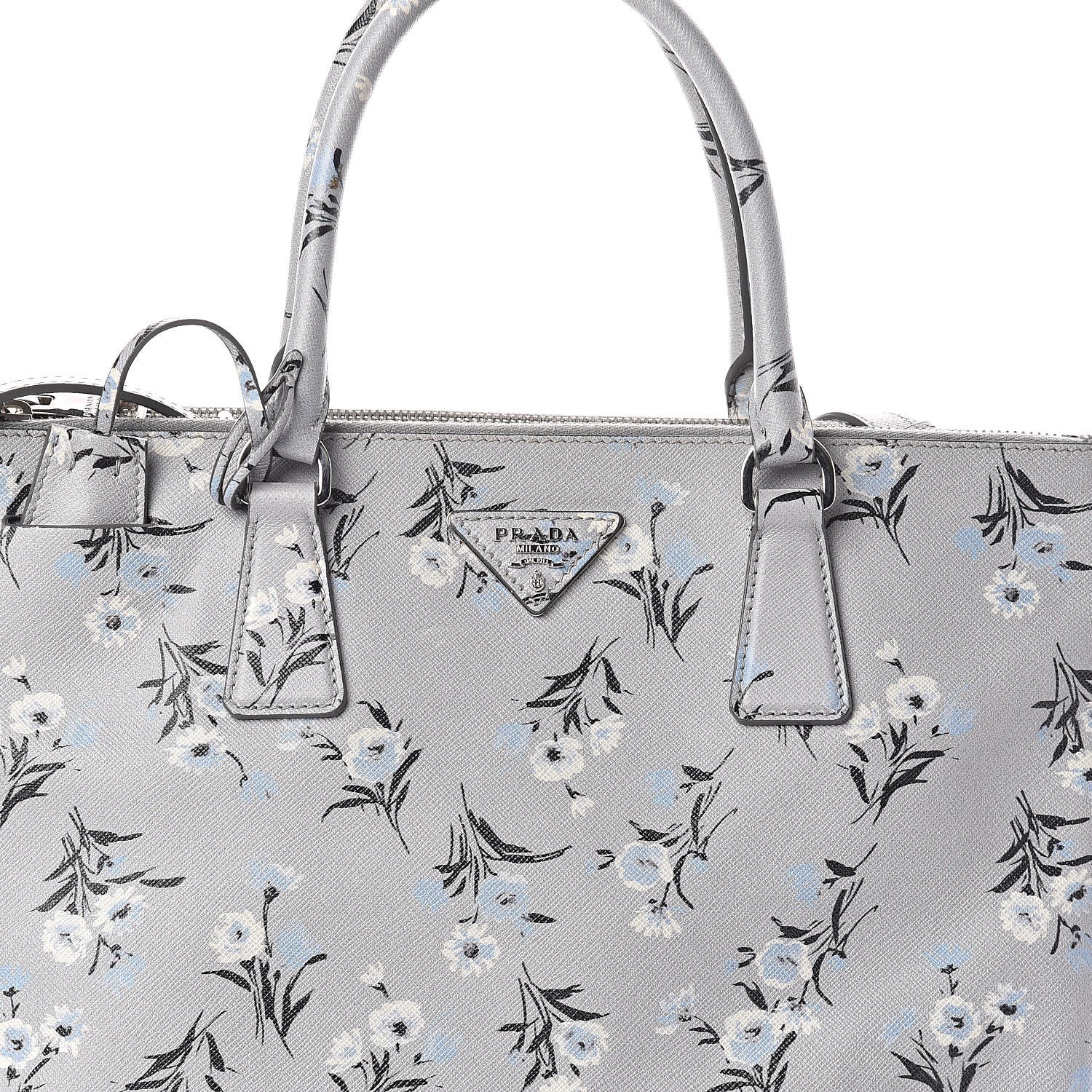 Prada Saffiano Floral Print Medium Galleria Double Zip Tote Acciaio 8 of 8