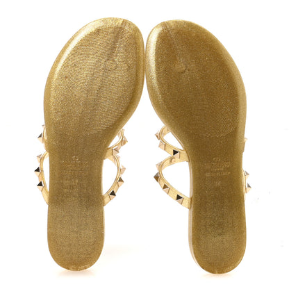 Valentino Garavani PVC Jelly Glitter Rockstud Caged Flat Thong Sandals 37 Oro 6 of 9