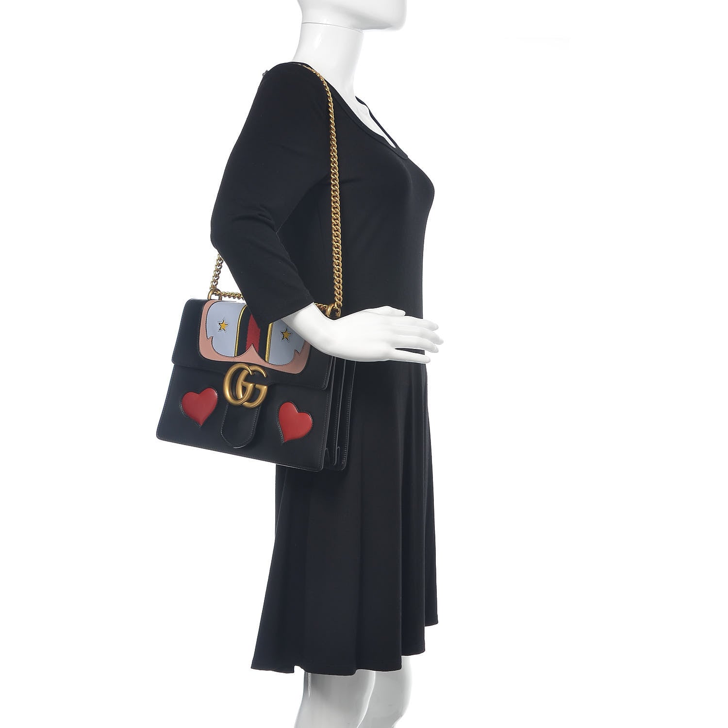 Gucci Calfskin Web Heart Medium GG Marmont Chain Handle Bag Black 2 of 9