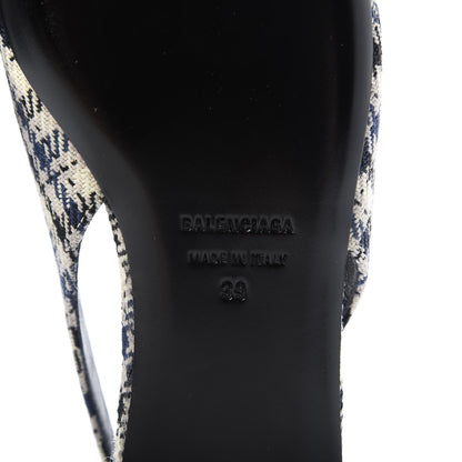 Balenciaga Tweed Prince Of Wales BB Knife Pointy Toe Slingback Flats 39 Beige Navy Silver 8 of 9