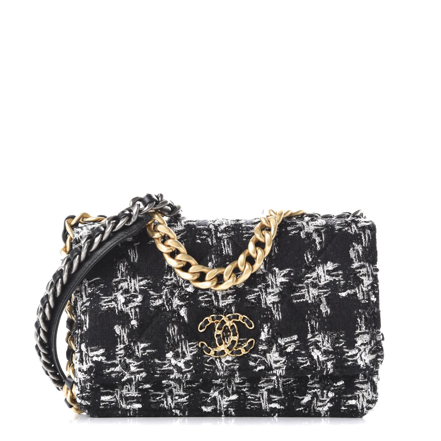 Wool Tweed Lambskin Quilted Chanel 19 Wallet On Chain WOC Black