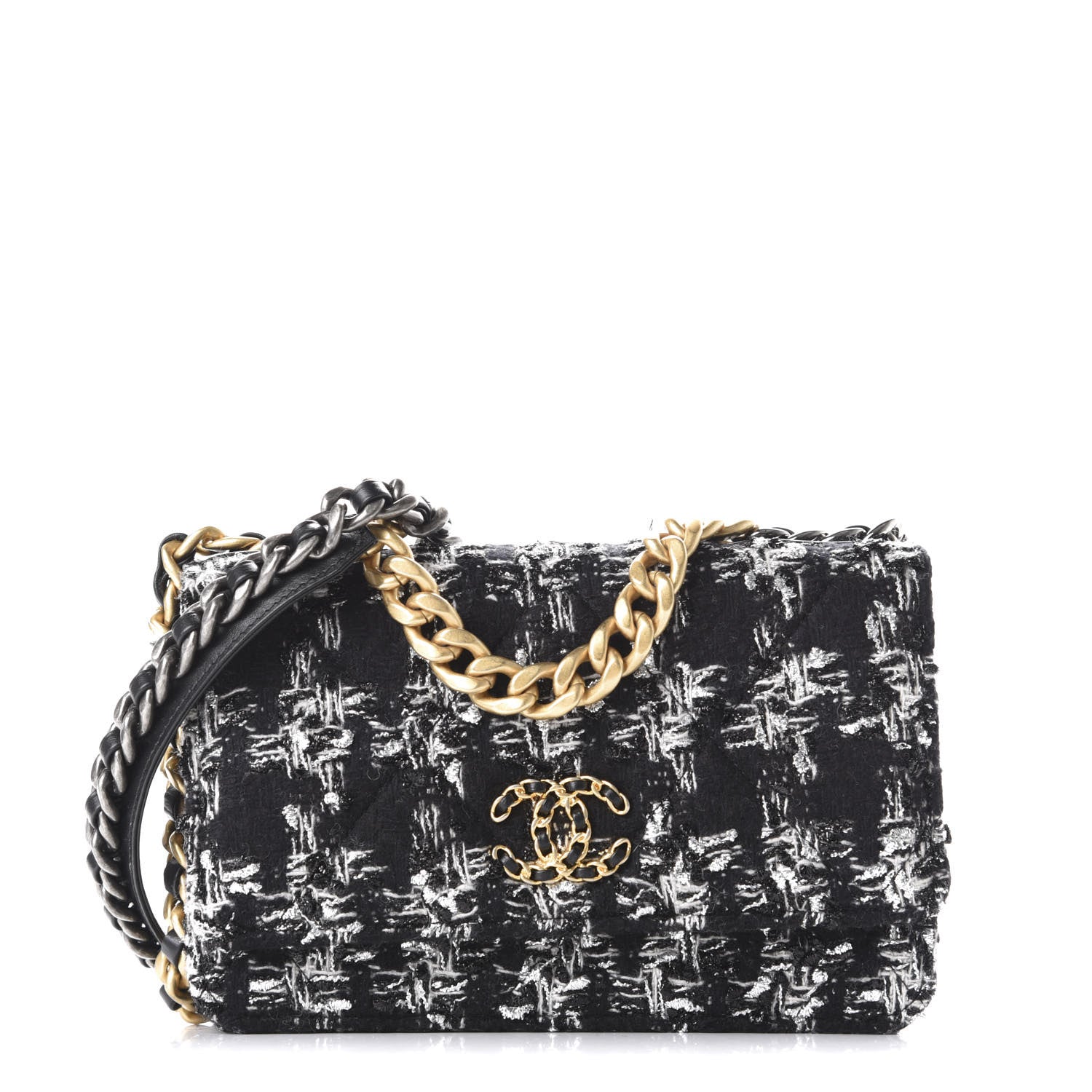 Chanel Wool Tweed Lambskin Quilted Chanel 19 Wallet On Chain WOC Black 1 of 12