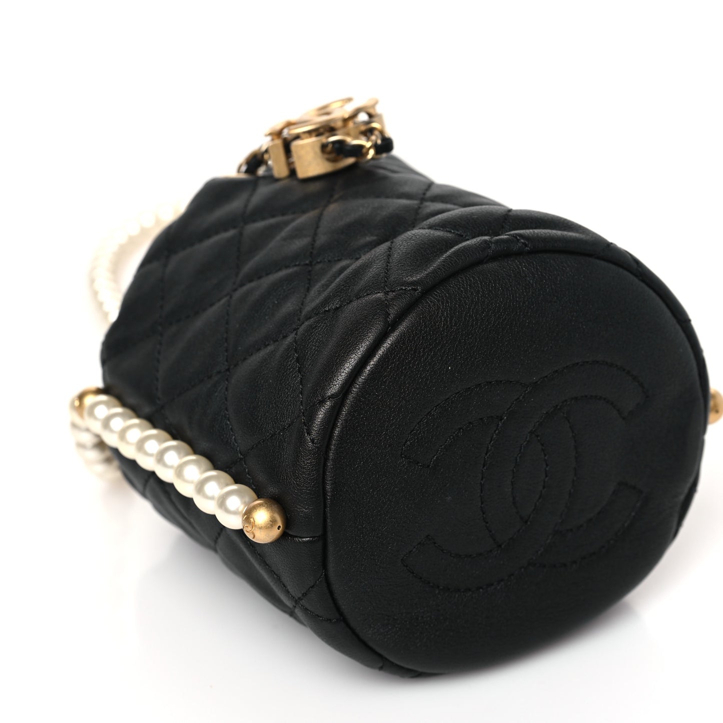 Calfskin Quilted Pearl Mini About Pearls Drawstring Bucket Bag Black