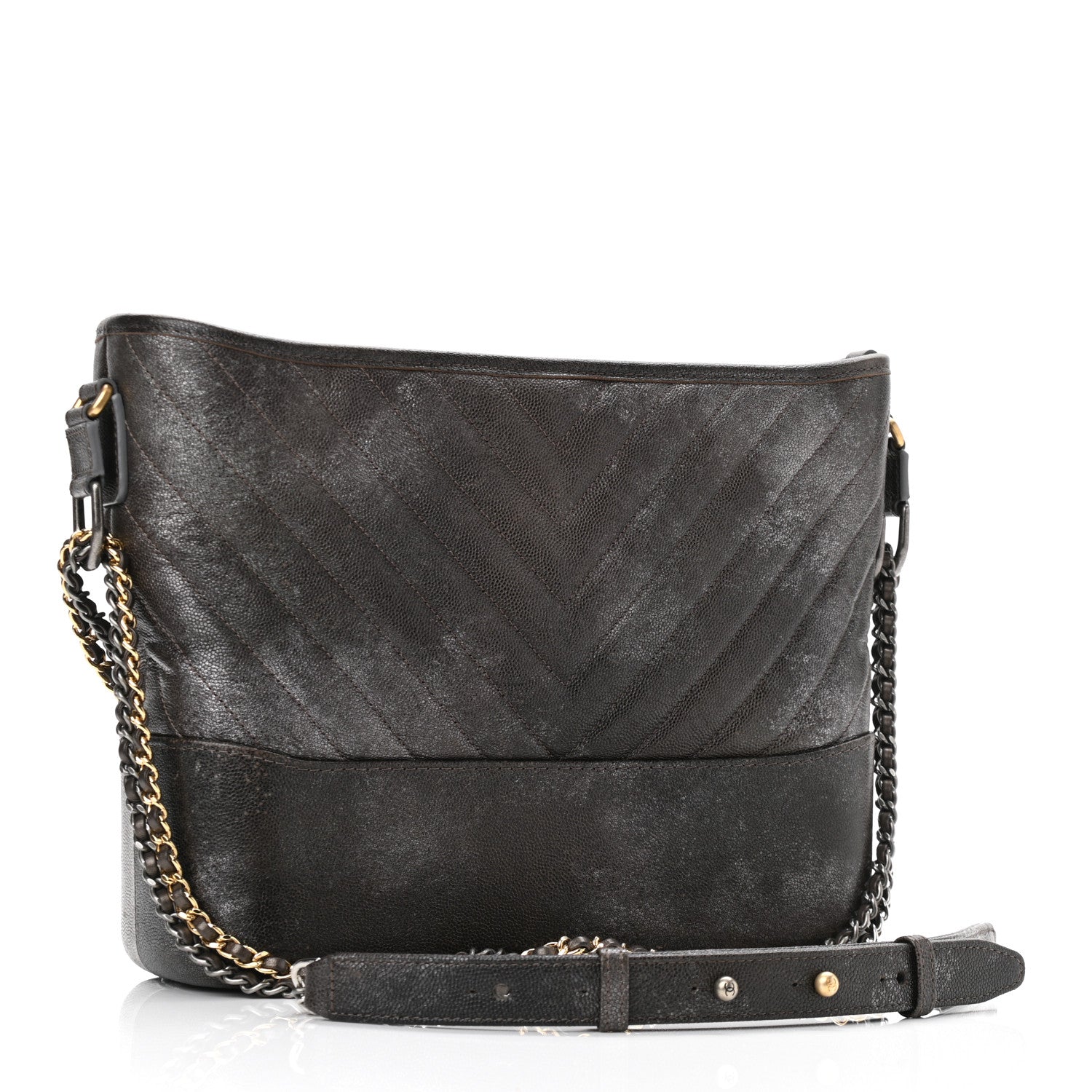 Chanel Metallic Caviar Chevron Quilted Medium Gabrielle Hobo Dark Silver Gold 3 of 10