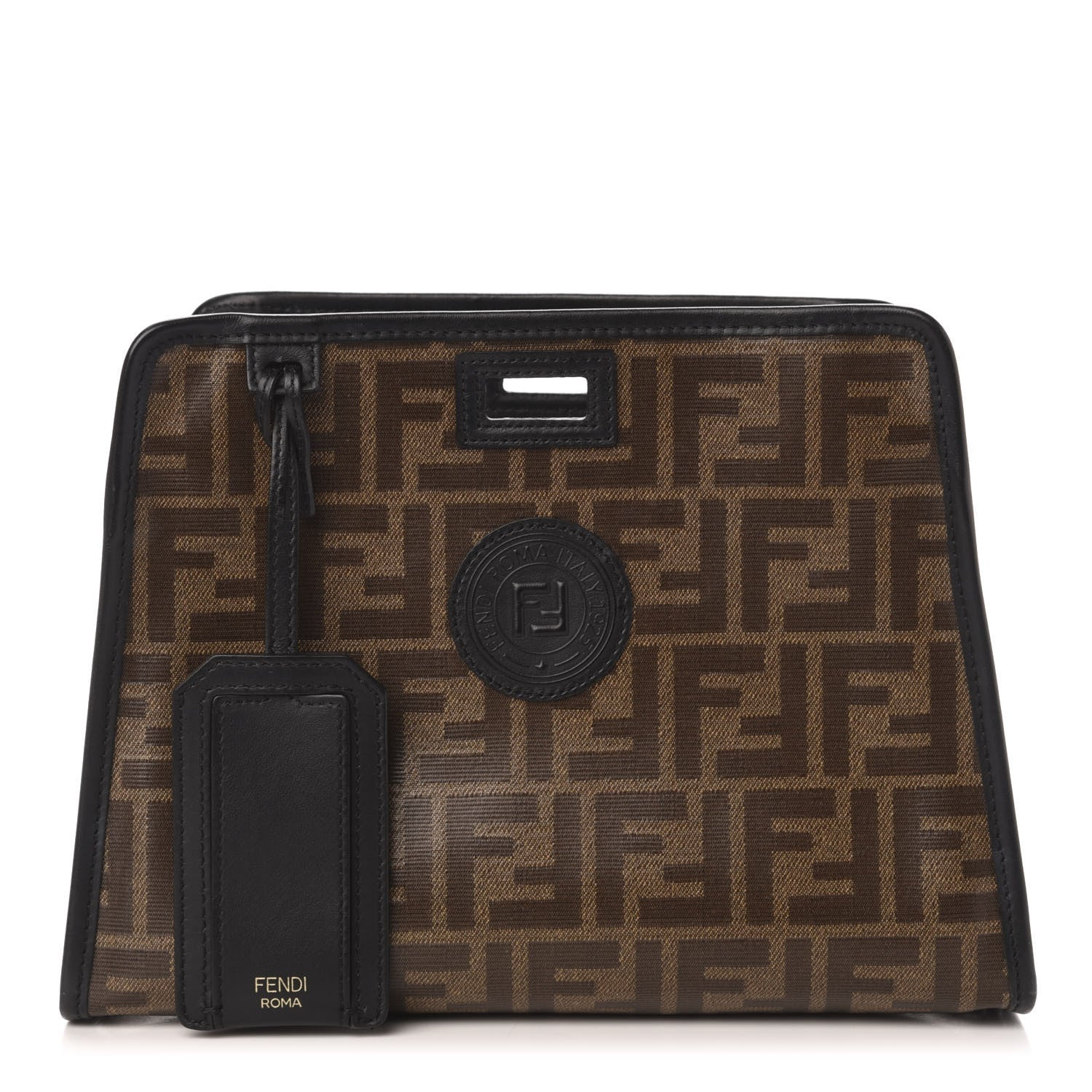 Fendi Glazed Fabric Vitello Century FF 1974 Stamp Patch Mini Peekaboo Defender Cover Mogano Panna Black 1 of 10