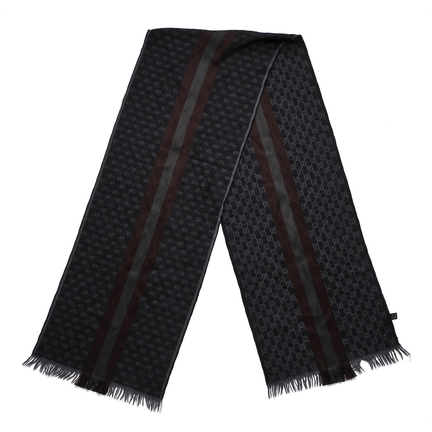 Wool Silk GG Monogram Web Verbier Fringe Scarf Charcoal