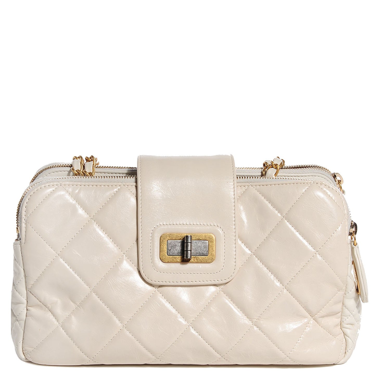 Glazed Calfskin Mademoiselle Zip Shopping Tote White
