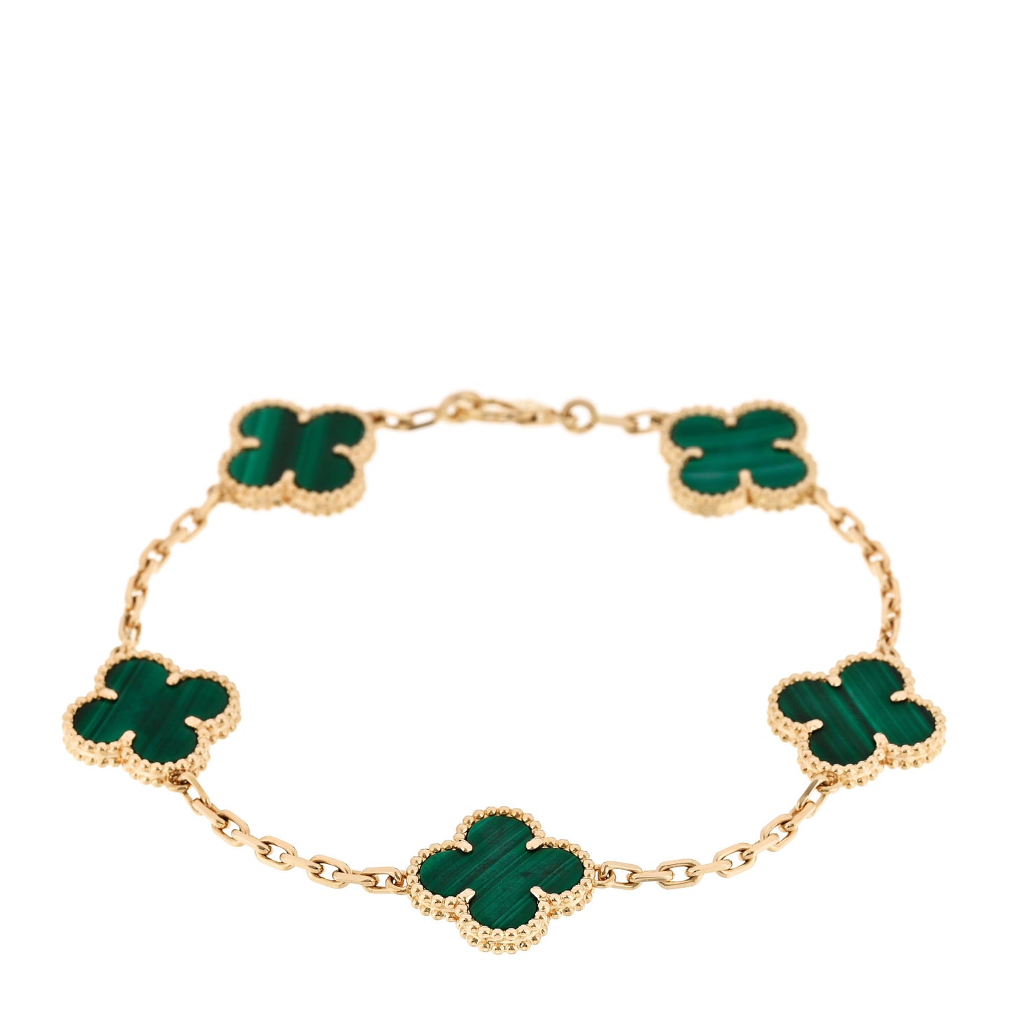 18K Yellow Gold Malachite 5 Motifs Vintage Alhambra Bracelet