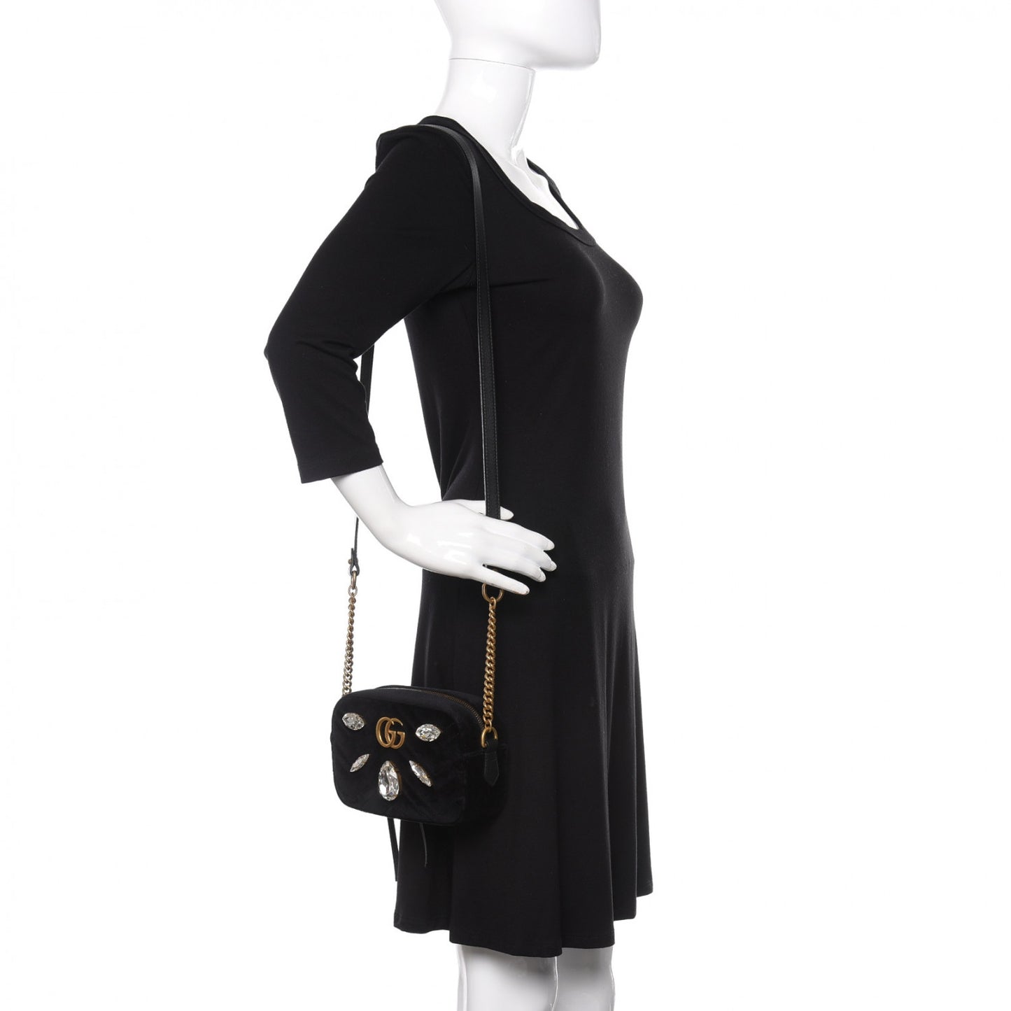 Velvet Matelasse Marquise Crystals Mini GG Marmont Chain Shoulder Bag Black