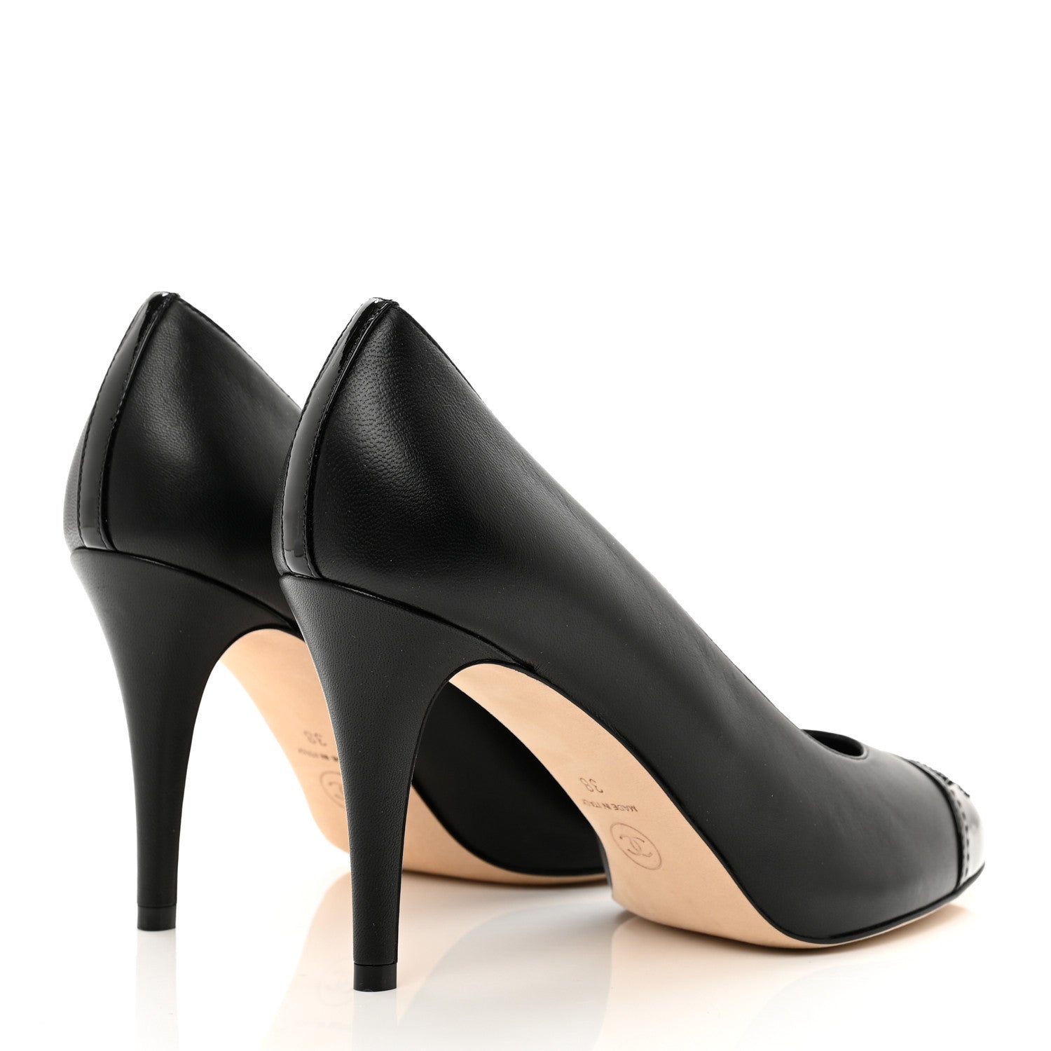 Chanel Lambskin Patent Calfskin Cap Toe CC Pumps 38 Black 4 of 9