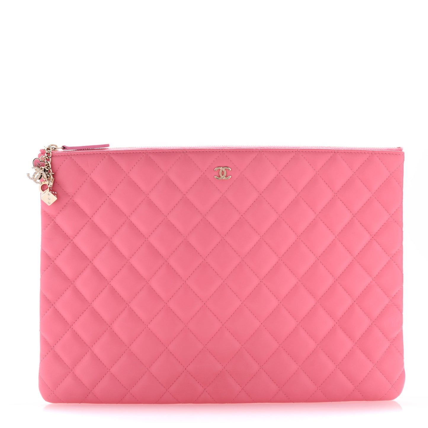 Lambskin Quilted Charms Large Cosmetic Case  Dark Pink