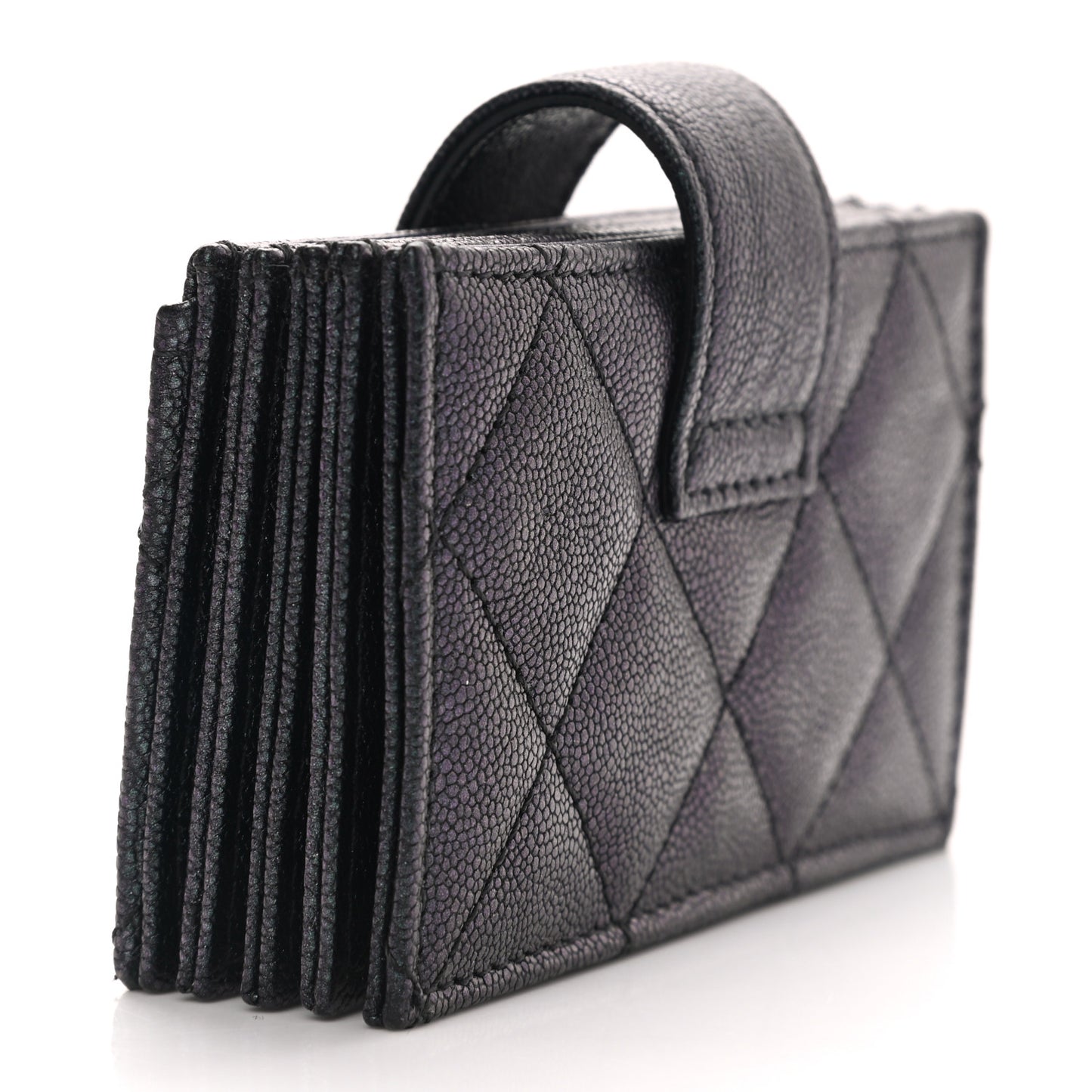 Iridescent Caviar Quilted Gusseted Card Holder Black