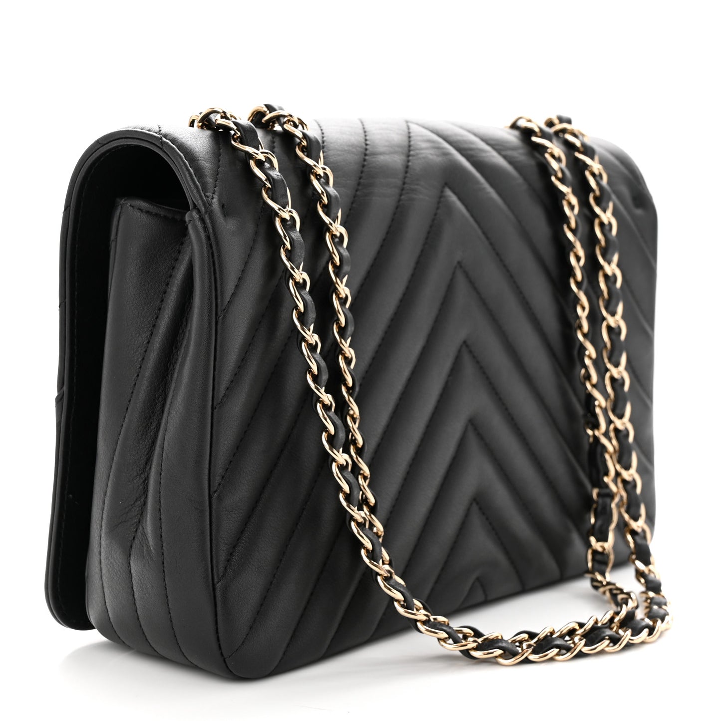 Calfskin Chevron Quilted Large Statement Flap Black