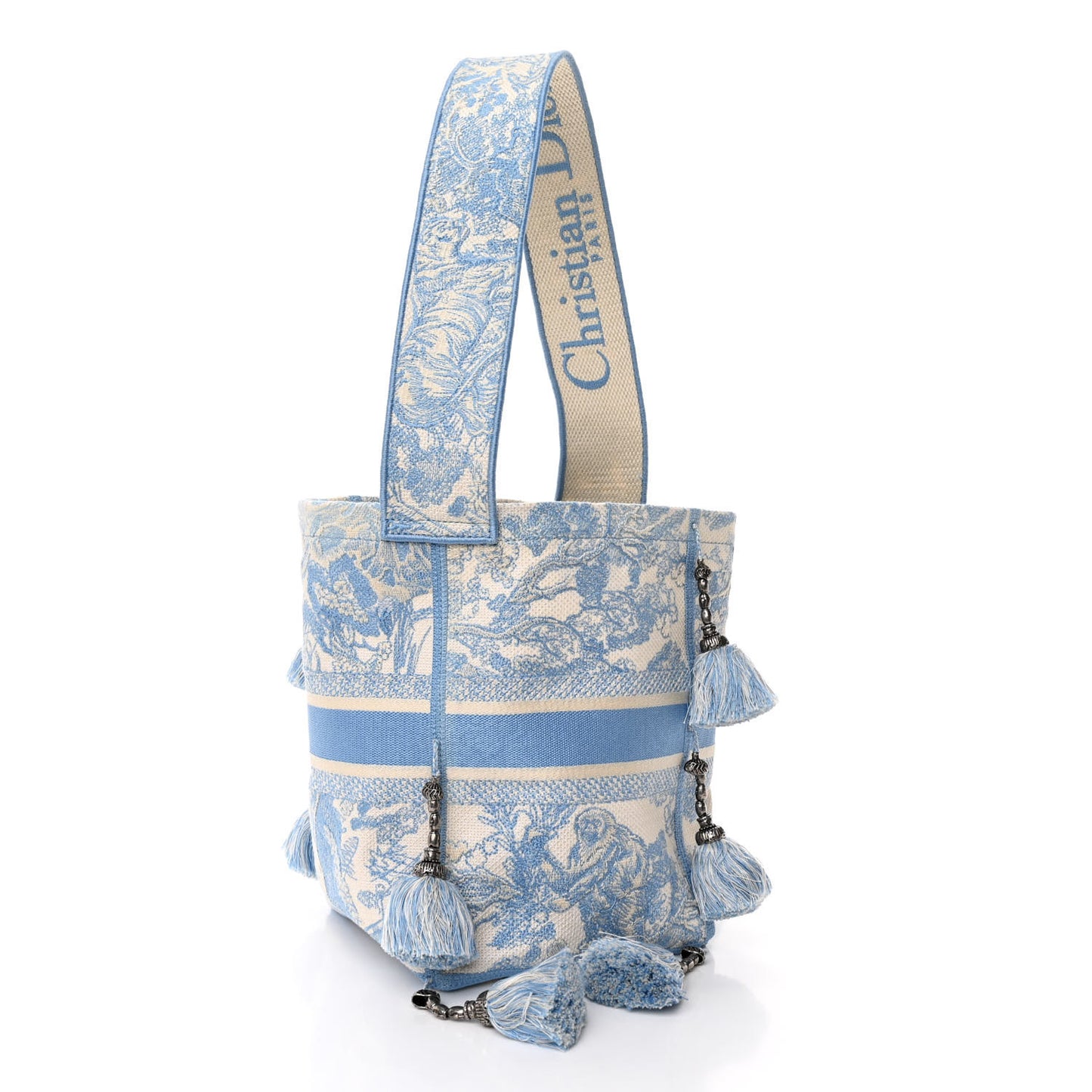 Canvas Reverse Embroidered Toile De Jouy D-Bubble Bucket Bag Blue