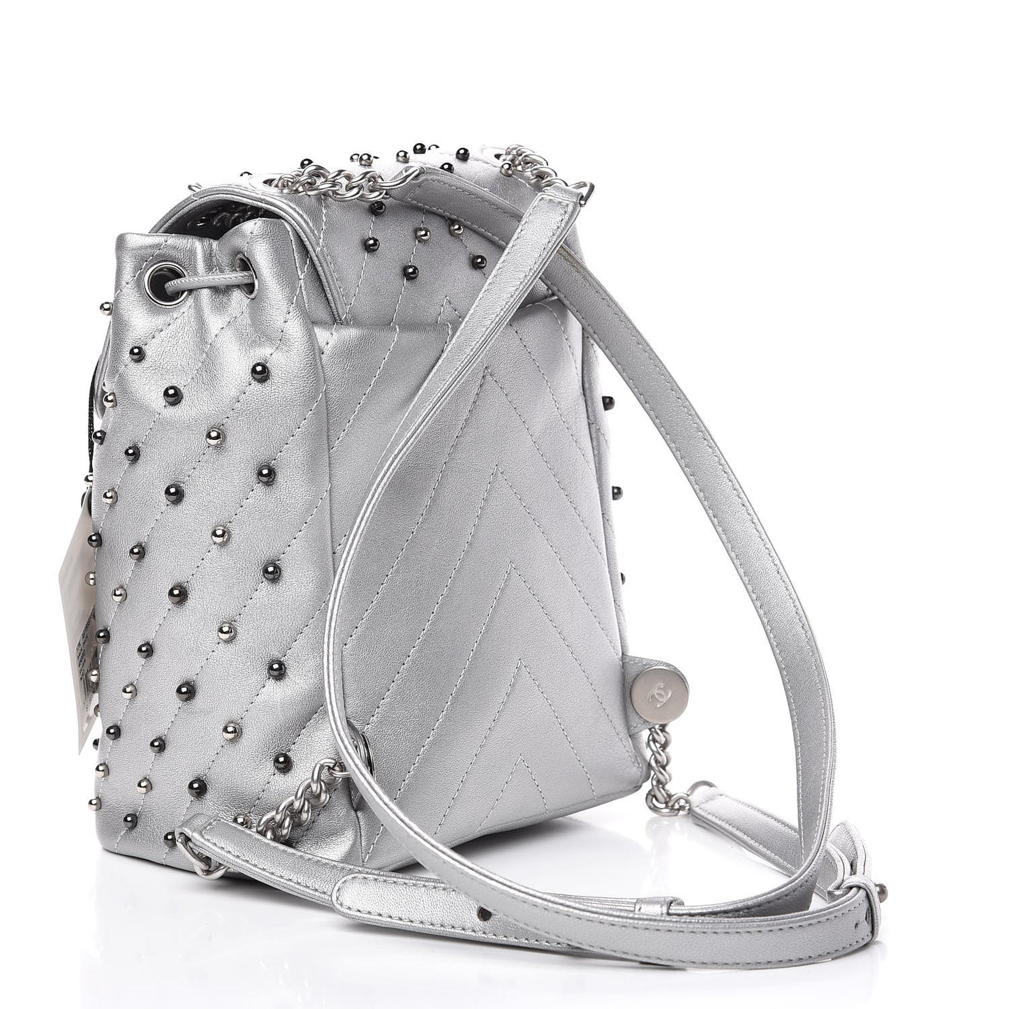 Metallic Lambskin Chevron Quilted Studded Stud Wars Backpack Silver