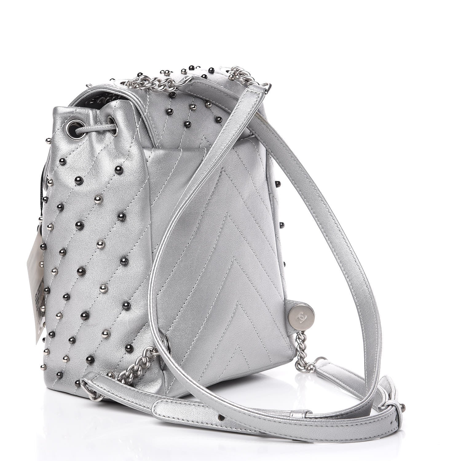 Chanel Metallic Lambskin Chevron Quilted Studded Stud Wars Backpack Silver 3 of 11