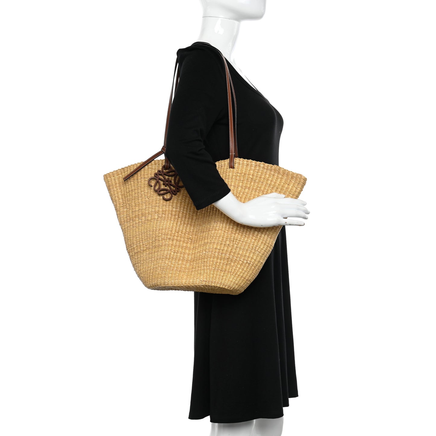 Raffia Calfskin Shell Basket Tote Natural Pecan