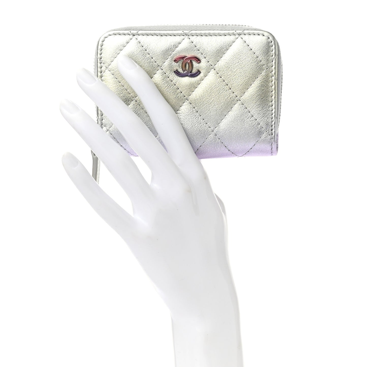 Gradient Metallic Calfskin Quilted Zip Around Coin Purse Wallet Silver Blue Yellow Purple