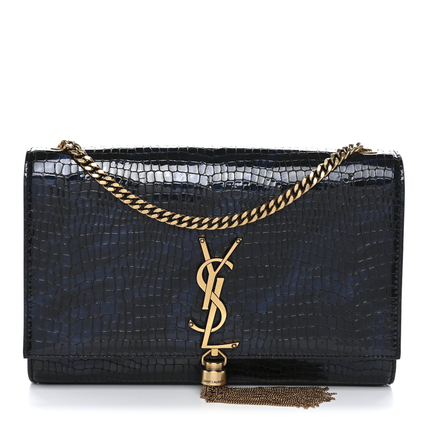Saint Laurent Calfskin Crocodile Embossed Medium Classic Monogram Kate Tassel Satchel Black Blue 1 of 11
