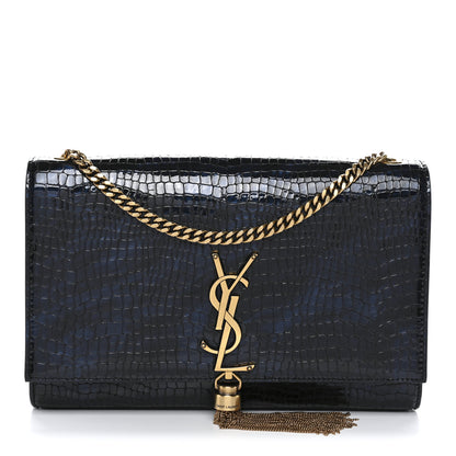 Saint Laurent Calfskin Crocodile Embossed Medium Classic Monogram Kate Tassel Satchel Black Blue 1 of 11