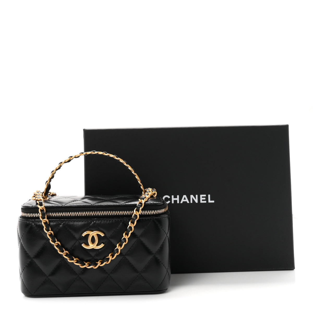 Shiny Calfskin Quilted Small Top Handle Vanity Case With Chain Black