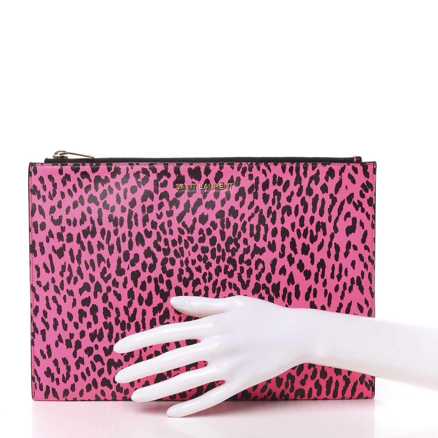 Saint Laurent Calfskin Baby Cat Print Medium Zip Clutch Hot Pink 2 of 14